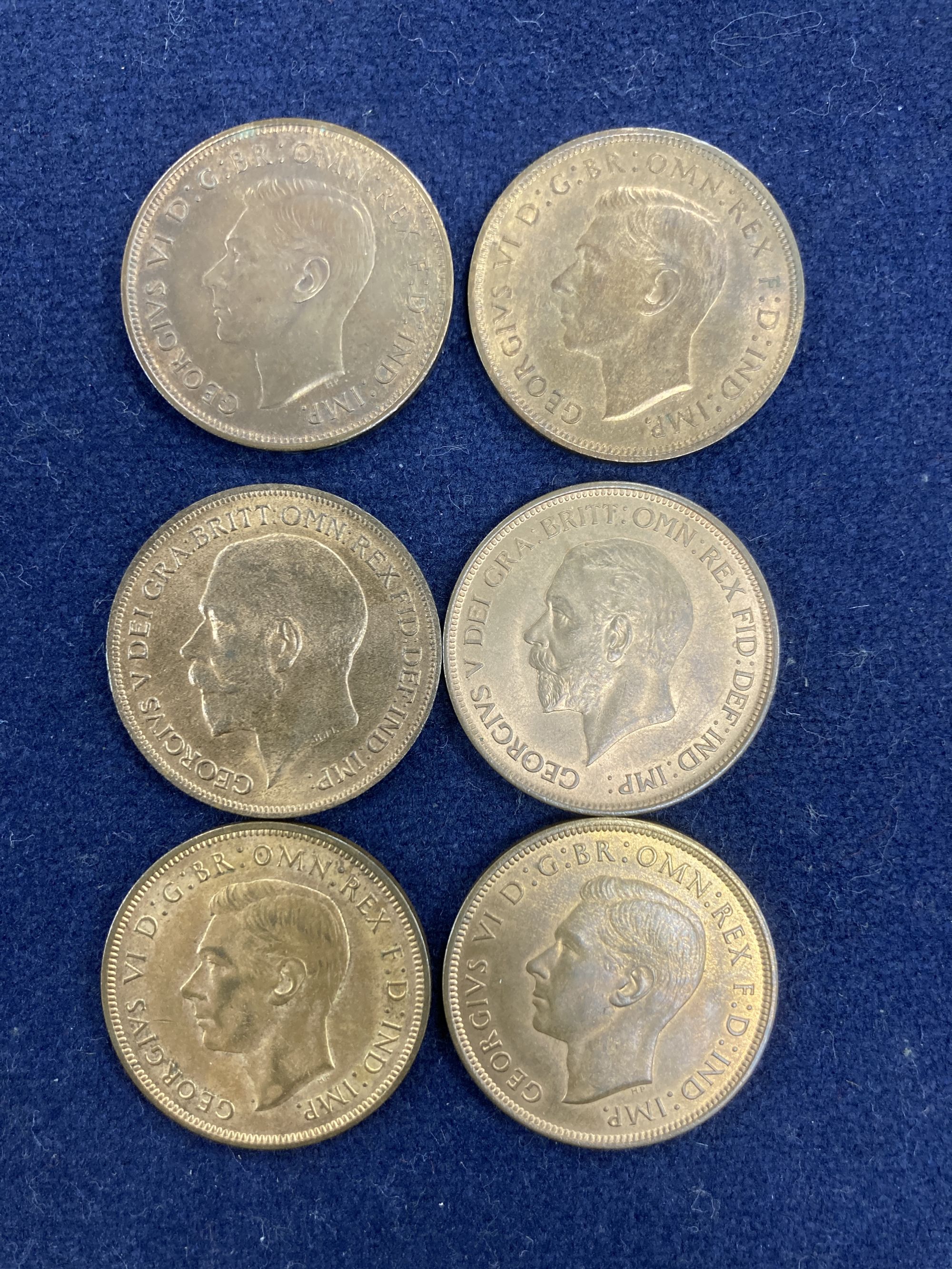 George V and George VI one pennies, 1917, 1936, 1937, 1938, 1939 and 1940, all UNC with much lustre